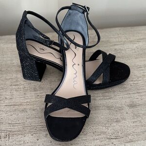 Nina Black Sparkle Ankle Strap Heels